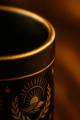 Macro gros plan d’un mug Orakya noir et doré, détail artistique en or, texture premium, design symbolique gravé, artisanat haut de gamme, lumière chaude, finition luxe.