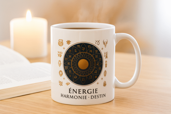 Mug astrologique blanc Orakya avec design doré “Énergie Harmonie Destin” posé sur une table en bois clair, à côté d’un livre et d’une bougie allumée – tasse en céramique brillante, ambiance zen, lumière naturelle du matin.
