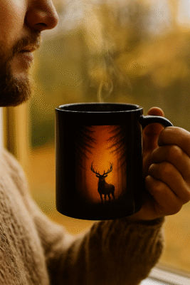 Homme tenant un mug noir Orakya avec design de cerf dans une forêt automnale dorée, vapeur de café, lumière naturelle, tasse design nature sauvage, idée cadeau homme, moment café détente.