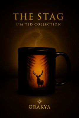 Mug noir Orakya édition limitée THE STAG, design artistique doré avec cerf majestueux dans la forêt, tasse luxe homme, mug design premium nature sauvage, idée cadeau élégante