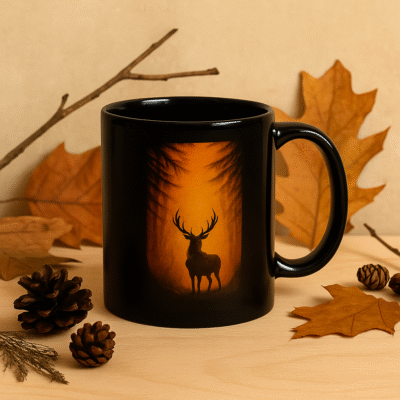 Mug noir Orakya avec design de cerf dans une forêt automnale, tasse décorative nature, ambiance bois et feuilles séchées, mug design artistique, idée cadeau nature homme.