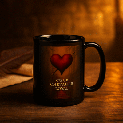 Mug noir Orakya Cœur de Chevalier Loyal – tasse symbolique de courage, d’amour et de fidélité, design médiéval doré sur fond chaleureux.