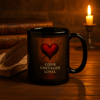 Mug noir Orakya Cœur de Chevalier Loyal – tasse symbolique d’amour, de courage et de fidélité avec design médiéval doré.