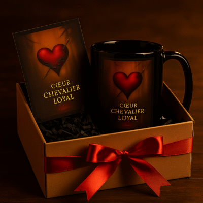Coffret cadeau mug noir Orakya Cœur de Chevalier Loyal – tasse symbolique d’amour et de fidélité, présent raffiné avec ruban rouge.