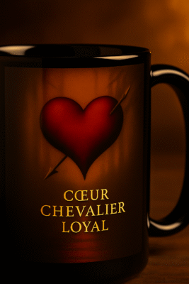 Détail du design du mug noir Orakya Cœur de Chevalier Loyal – cœur rouge et épée dorée symbole d’amour et de loyauté.