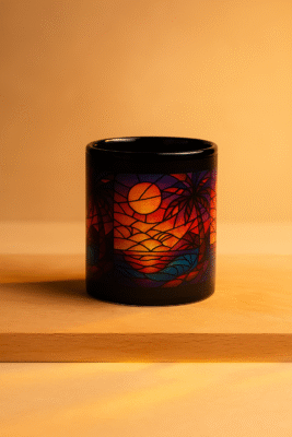 Mug noir design artistique Orakya représentant un coucher de soleil tropical coloré sur fond doré, tasse décorative haut de gamme pour café ou thé, idée cadeau bien-être et détente.