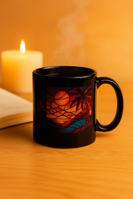 Mug noir Orakya design coucher de soleil tropical, tasse artistique vitrail avec bougie et livre, ambiance détente zen, idée cadeau bien-être premium.