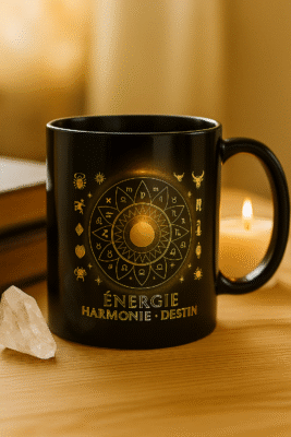 Mug noir astrologique doré ÉNERGIE HARMONIE DESTIN avec cristal et bougie, tasse spirituelle zodiaque design luxe, idée cadeau zen bien-être.
