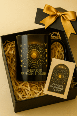 Mug astrologique noir doré ÉNERGIE HARMONIE DESTIN en coffret cadeau luxe, tasse zodiaque spirituelle bien-être, idée cadeau zen pour femme ou homme.