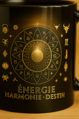 Mug astrologique doré ÉNERGIE HARMONIE DESTIN, tasse zodiaque spirituelle design luxe, symbole d’énergie cosmique, harmonie intérieure et bien-être.