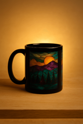 Mug artistique noir avec paysage de montagne coloré, lever de soleil doré, tasse design vitrail sur table en bois clair, photo artistique haute qualité, mug nature zen édition limitée.