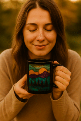 Femme souriante tenant un mug artistique noir design montagne vitrail, tasse nature zen et inspiration lever du soleil, moment de détente café bien-être, photo lifestyle chaleureuse.