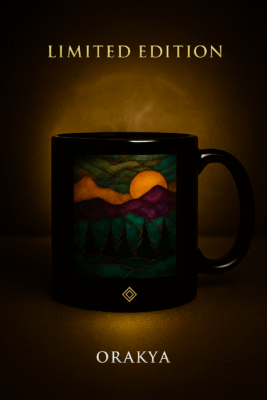 Mug artistique noir édition limitée Orakya, design vitrail lever du soleil sur montagne, tasse luxe premium dorée, photographie produit élégante et lumineuse sur fond doré, mug exclusif design.