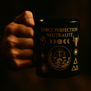 Main tenant un mug noir et or Orakya “Force Perfection Neutralité”, symbole spirituel de force intérieure, énergie, équilibre et harmonie.