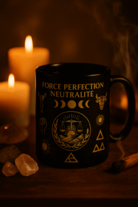 Mug spirituel noir et or “Force Perfection Neutralité” entouré de bougies, cristaux et encens, ambiance zen et méditation, symbole d’équilibre énergie harmonie.