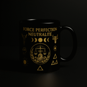 Mug noir et doré Orakya “Force Perfection Neutralité” en gros plan, design spirituel premium avec symboles astrologiques, balance, phases lunaires et énergie, photo produit élégante sur fond sombre pour boutique cadeau zen.