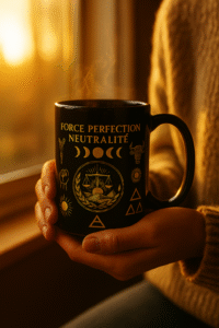 Personne tenant un mug spirituel noir et doré Orakya “Force Perfection Neutralité” près d’une fenêtre au lever du soleil, symbole d’énergie, d’équilibre et d’harmonie intérieure.