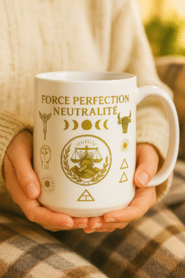 Mug spirituel blanc et doré Force Perfection Neutralité tenu entre les mains – symbole de sagesse, équilibre et bien-être intérieur, idée cadeau zen et élégante.