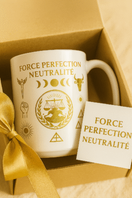 Mug spirituel blanc et doré Force Perfection Neutralité présenté dans une boîte cadeau élégante avec ruban doré – symbole d’équilibre, de sagesse et de perfection.