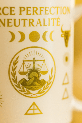 Détail du mug spirituel blanc et doré Force Perfection Neutralité – symboles dorés de balance, lune et taureau, design raffiné et lumineux.
