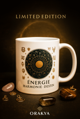 Mug astrologique édition limitée Orakya, tasse zodiaque blanche design doré “Énergie Harmonie Destin”, fond noir et doré luxueux, pierres et symboles astrologiques autour, photo premium haute qualité.