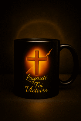 Mug chrétien noir Loyauté Foi Victoire avec croix dorée lumineuse – tasse spirituelle religieuse en céramique brillante, cadeau de foi chrétienne et symbole d’espérance.