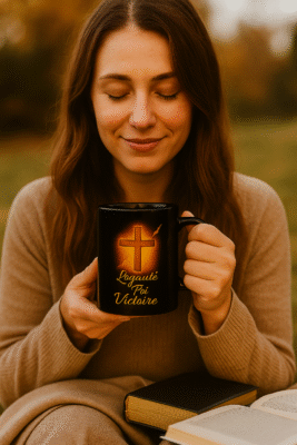 Femme souriante tenant un mug chrétien noir Loyauté Foi Victoire – tasse spirituelle inspirante avec croix dorée, symbole de foi et de paix intérieure.