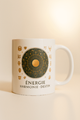 Homme dans la trentaine calme et souriant tenant un mug noir Orakya “Énergie Harmonie Destin” en plein air à la campagne, tasse astrologique en céramique brillante symbole de zodiaque, énergie et harmonie.