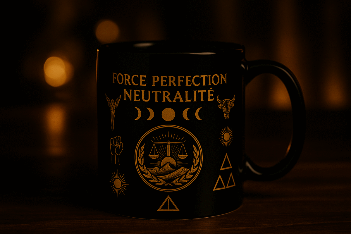 Mug mystique noir et or Orakya avec symboles spirituels dorés représentant la force, la perfection et la neutralité. Photo réaliste en lumière chaude sur table en bois sombre.