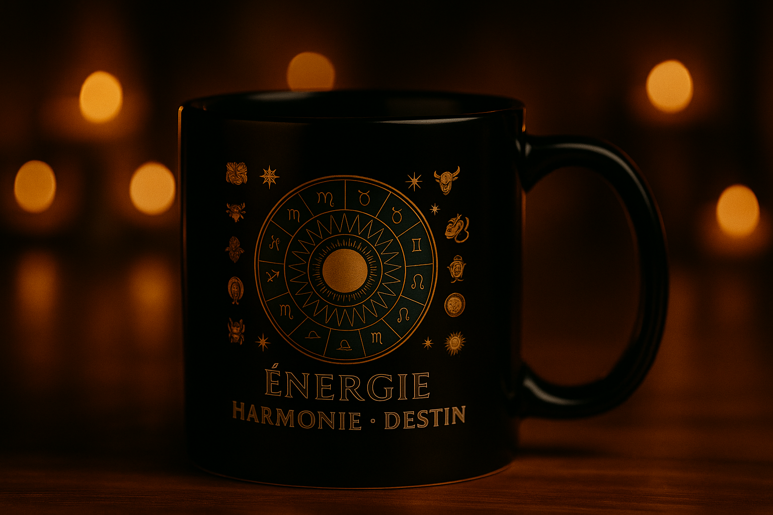 Mug mystique noir et or Orakya illustré du zodiaque doré, symbole d’énergie, d’harmonie et de destin. Tasse spirituelle élégante inspirée de l’astrologie et de l’art mystique moderne.