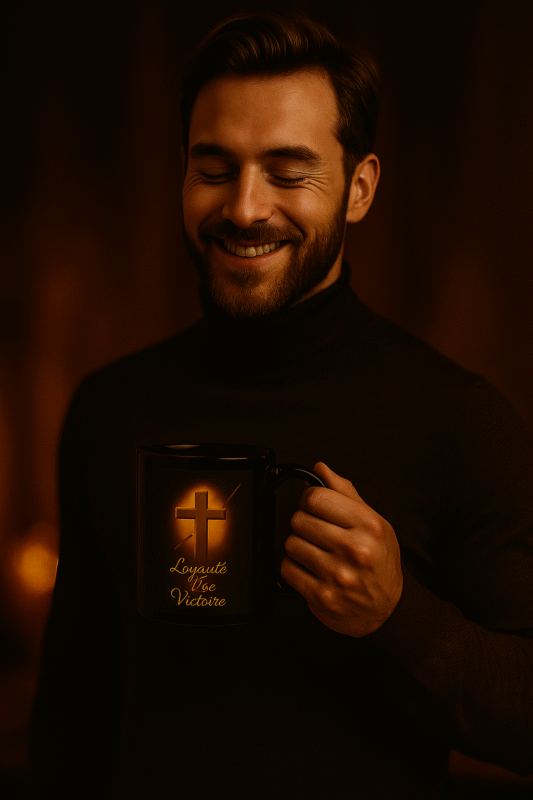 Homme souriant tenant un mug noir Orakya décoré de symboles dorés représentant la force, la perfection et la neutralité. Photographie publicitaire haut de gamme avec ambiance lumineuse dorée, atmosphère élégante et spirituelle.