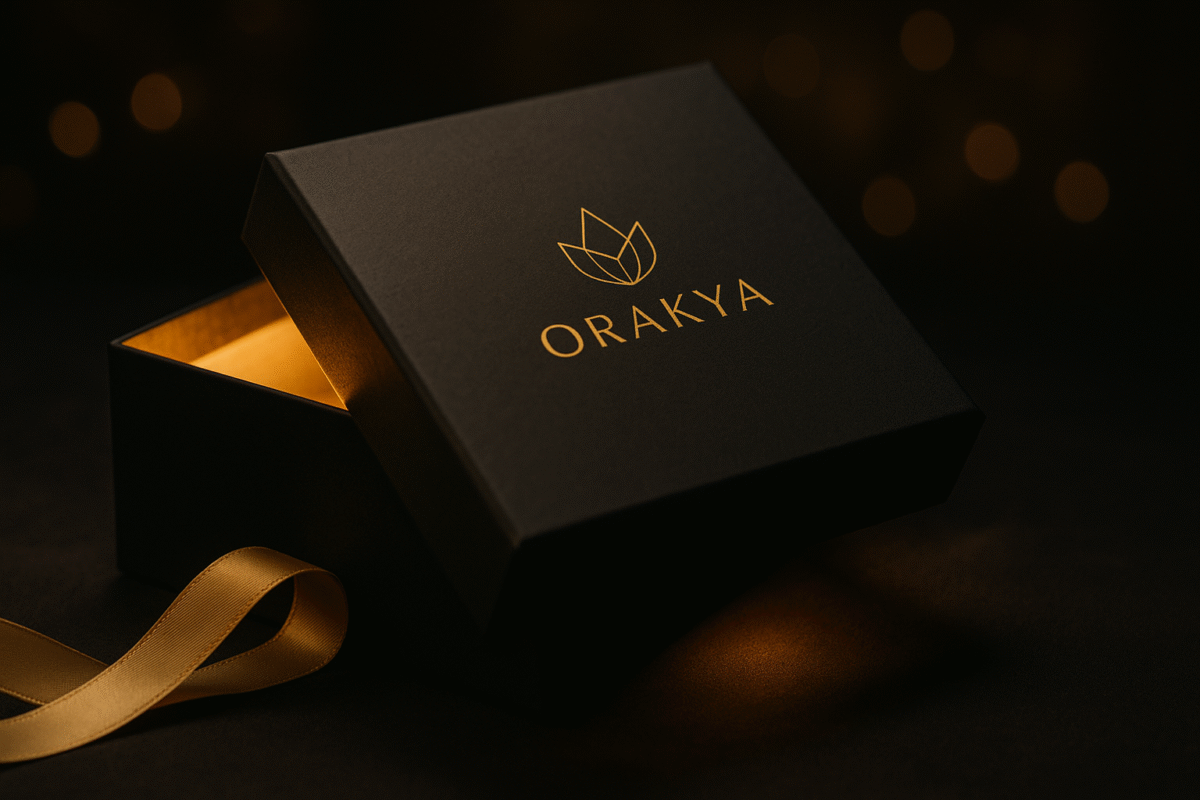 Boîte cadeau Orakya noir et or ouverte, emballage de luxe, lumière dorée chaleureuse, marque premium spécialisée en cadeaux émotionnels et élégants.