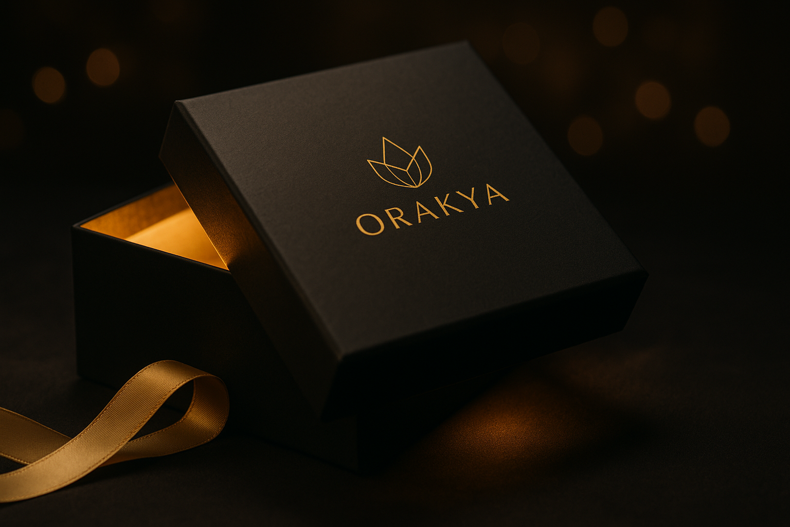 Boîte cadeau Orakya noir et or ouverte, emballage de luxe, lumière dorée chaleureuse, marque premium spécialisée en cadeaux émotionnels et élégants.