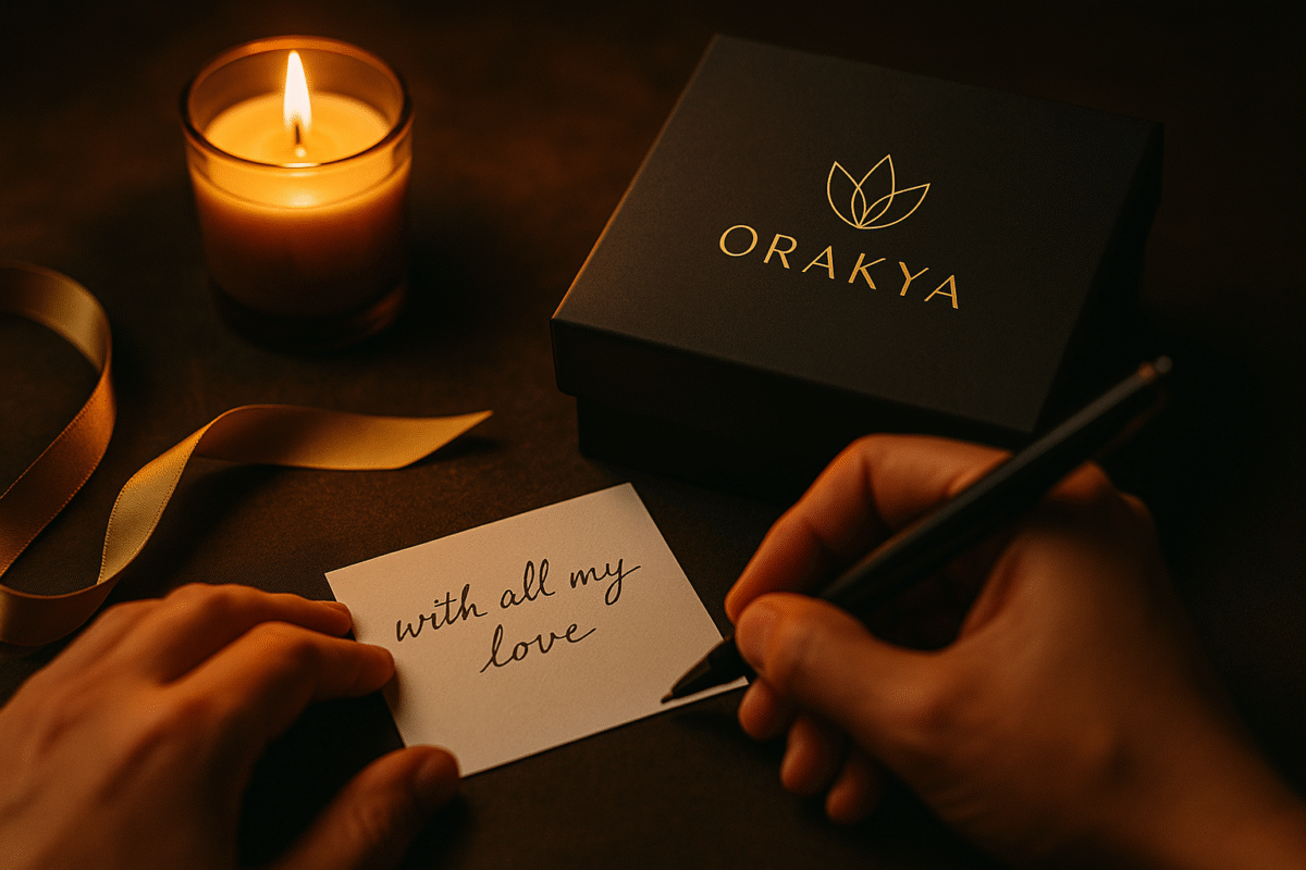 “Écriture d’un message d’amour près d’une boîte cadeau Orakya noire et dorée éclairée par une bougie, scène chaleureuse et émotionnelle représentant l’histoire et l’origine de la marque Orakya.”