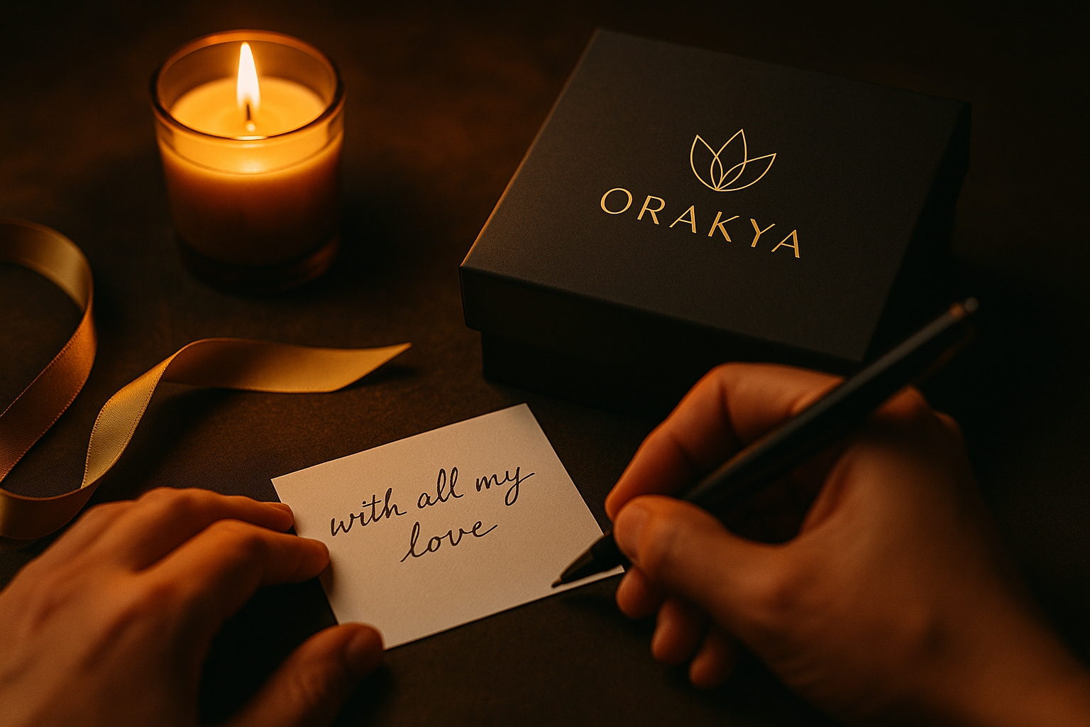 “Écriture d’un message d’amour près d’une boîte cadeau Orakya noire et dorée éclairée par une bougie, scène chaleureuse et émotionnelle représentant l’histoire et l’origine de la marque Orakya.”