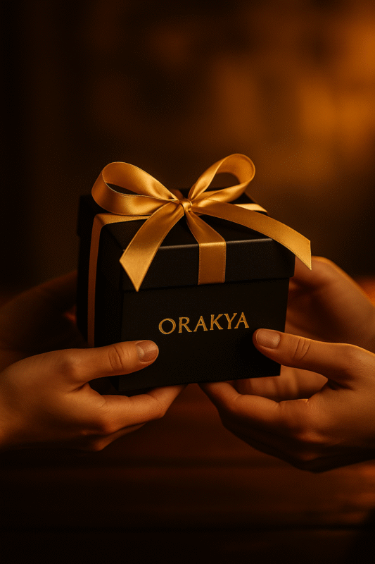 Deux mains échangeant une boîte cadeau Orakya noire et dorée avec ruban, symbole de cadeau premium, émotion, connexion et moment précieux.
