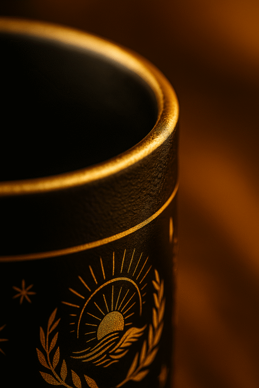 Macro gros plan d’un mug Orakya noir et doré, détail artistique en or, texture premium, design symbolique gravé, artisanat haut de gamme, lumière chaude, finition luxe.