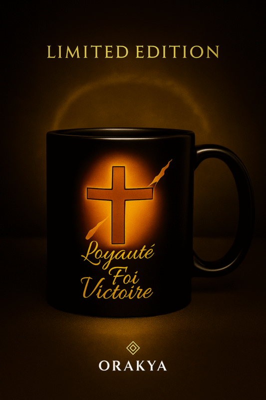 Mug chrétien noir édition limitée Loyauté Foi Victoire Orakya tasse spirituelle premium avec croix dorée, halo lumineux et reflets dorés cadeau religieux exclusif de foi et victoire chrétienne.