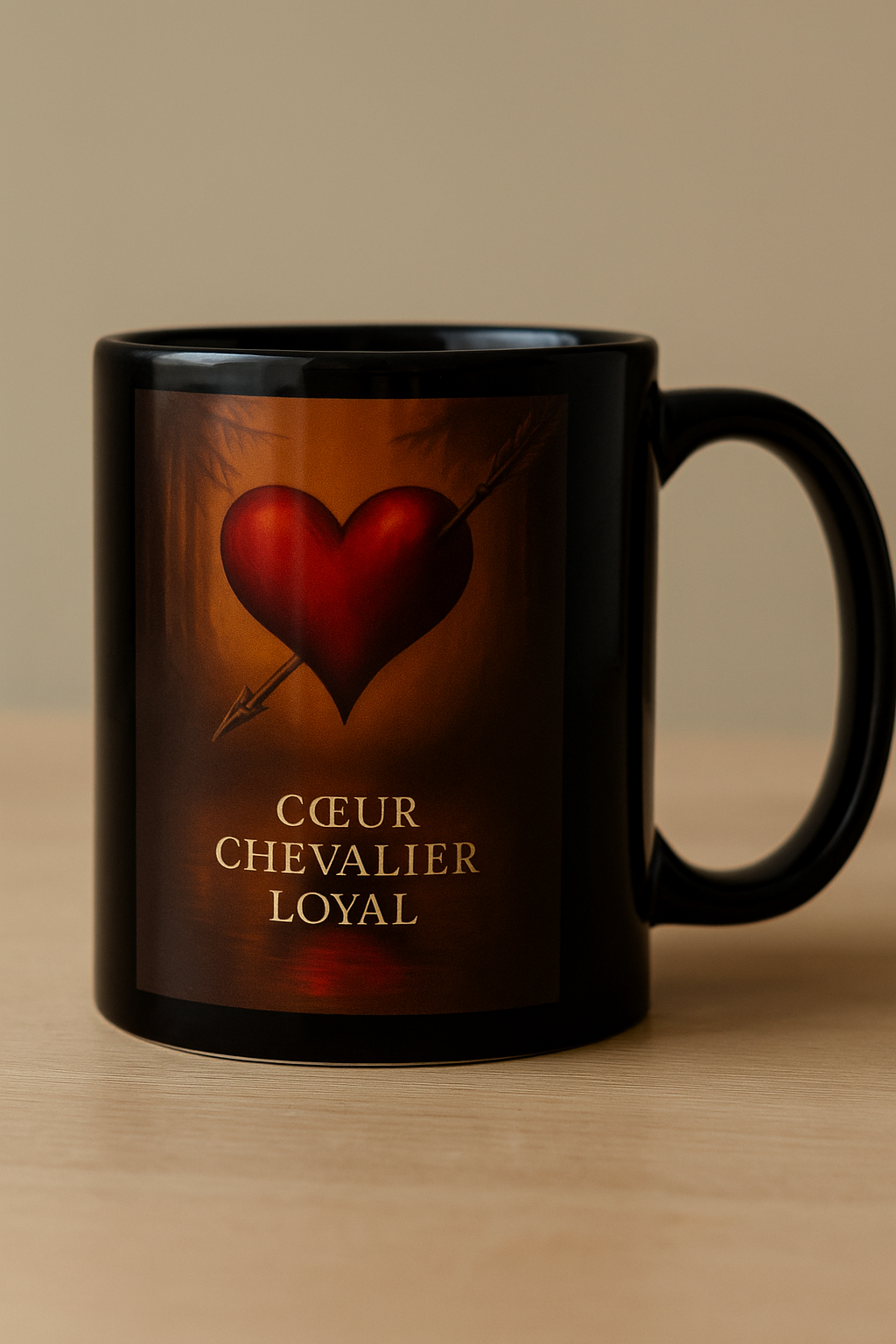 Mug noir Orakya “Cœur Chevalier Loyal” avec un cœur rouge transpercé d’une flèche, symbole d’amour, de loyauté et de courage. Tasse design en céramique haut de gamme, idée cadeau originale et inspirante pour les passionnés de symboles chevaleresques.