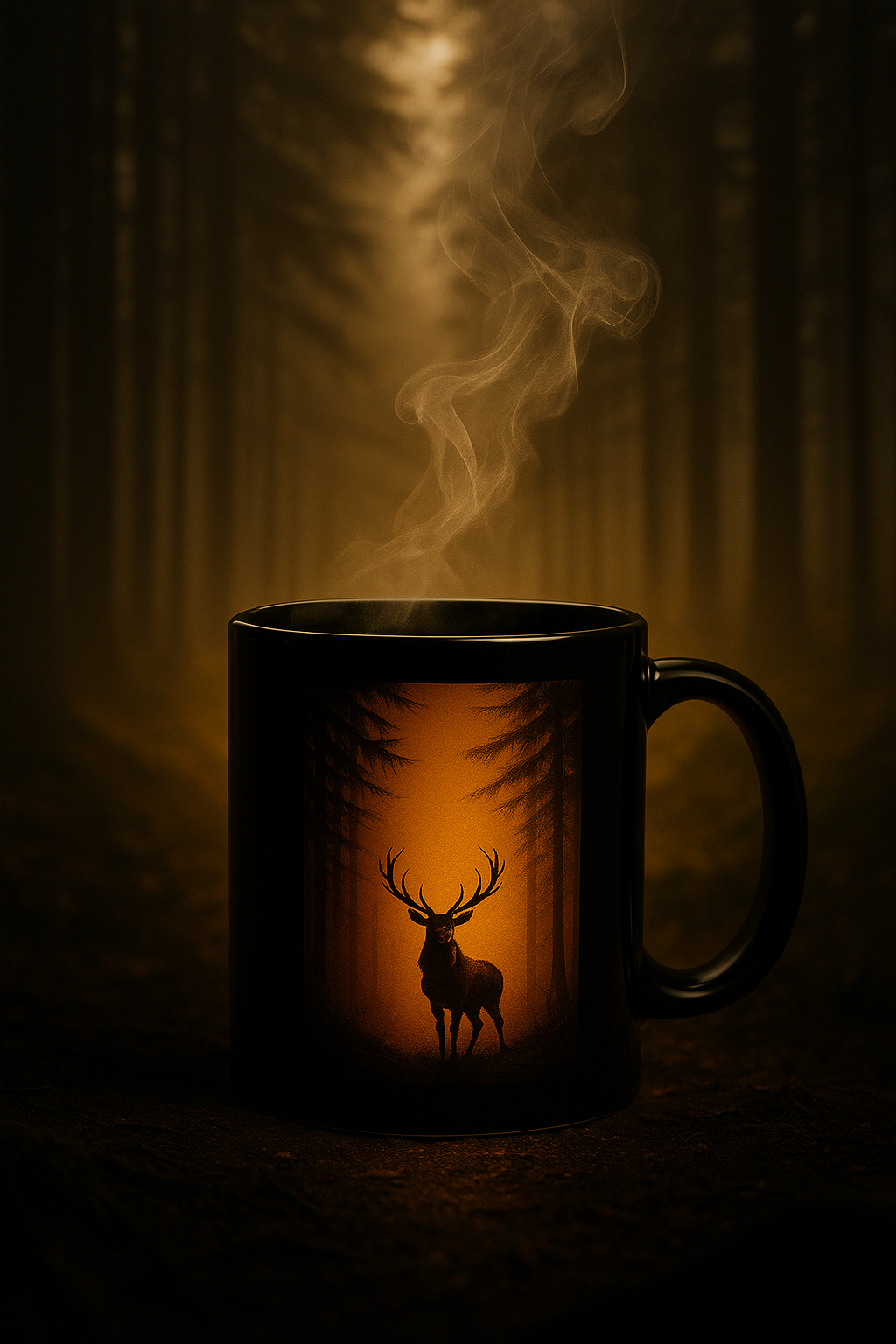 Mug noir artistique avec design de cerf majestueux dans une forêt dorée brumeuse, vapeur de café visible, ambiance naturelle et luxueuse Orakya – mug cerf forêt dorée, tasse design nature sauvage, idée cadeau premium homme.