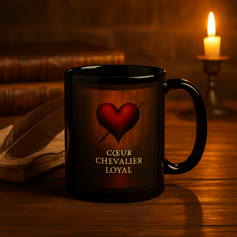 Coffret cadeau mug noir Orakya Cœur de Chevalier Loyal – tasse symbolique d’amour et de fidélité, présent raffiné avec ruban rouge.