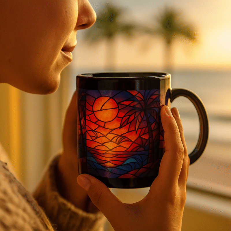 Femme tenant un mug Orakya décor tropical au coucher du soleil, scène chaleureuse et relaxante, moment de détente premium avec tasse design.