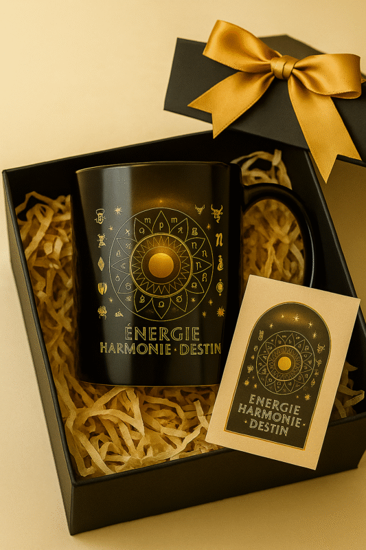 Mug astrologique noir doré ÉNERGIE HARMONIE DESTIN en coffret cadeau luxe, tasse zodiaque spirituelle bien-être, idée cadeau zen pour femme ou homme.