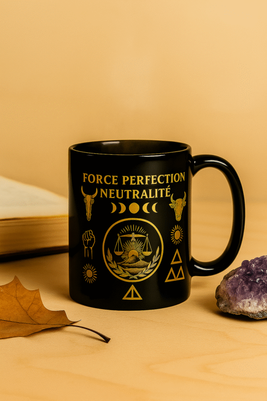 Mug noir doré Orakya FORCE PERFECTION NEUTRALITÉ posé sur table en bois clair – tasse design luxe – décoration zen – pierre améthyste et feuille d’automne – idée cadeau spirituelle – tasse symbolique dorée