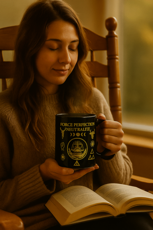 Femme lisant un livre en tenant un mug noir doré Orakya FORCE PERFECTION NEUTRALITÉ – tasse design luxe – moment café zen – lecture détente – tasse philosophique décorative – idée cadeau bien-être