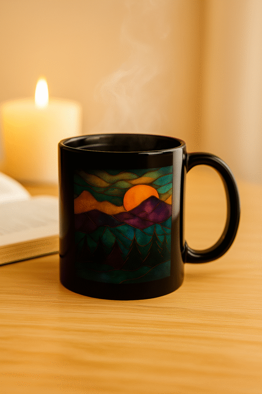 Mug artistique noir design vitrail lever du soleil, tasse de café posée à côté d’une bougie et d’un livre, ambiance bien-être et méditation, photo zen et chaleureuse pour détente et sérénité.