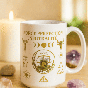 Mug spirituel blanc et doré Force Perfection Neutralité – symbole d’équilibre, de sagesse et de méditation, idée cadeau zen et décorative pour la maison ou le bureau.