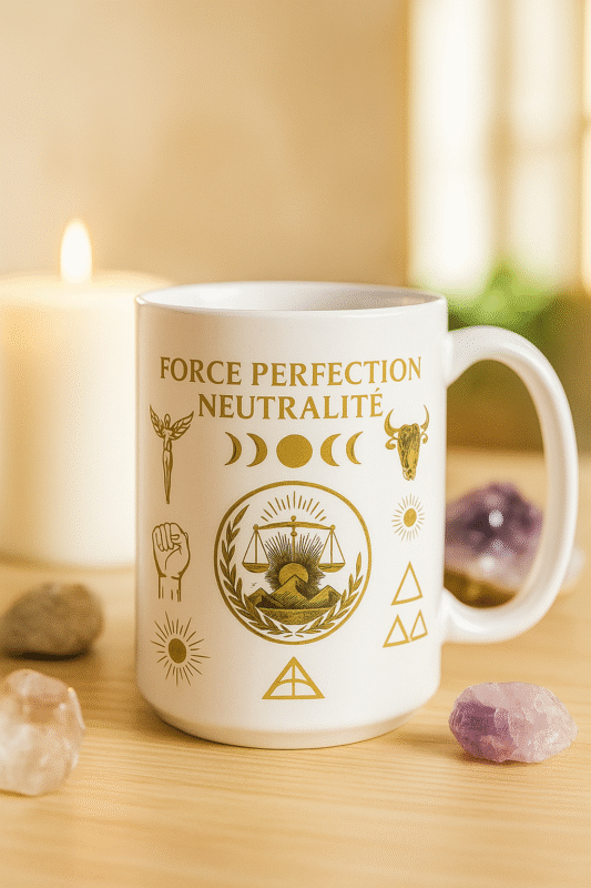 Mug spirituel blanc et doré Force Perfection Neutralité – symbole d’équilibre, de sagesse et de méditation, idée cadeau zen et décorative pour la maison ou le bureau.