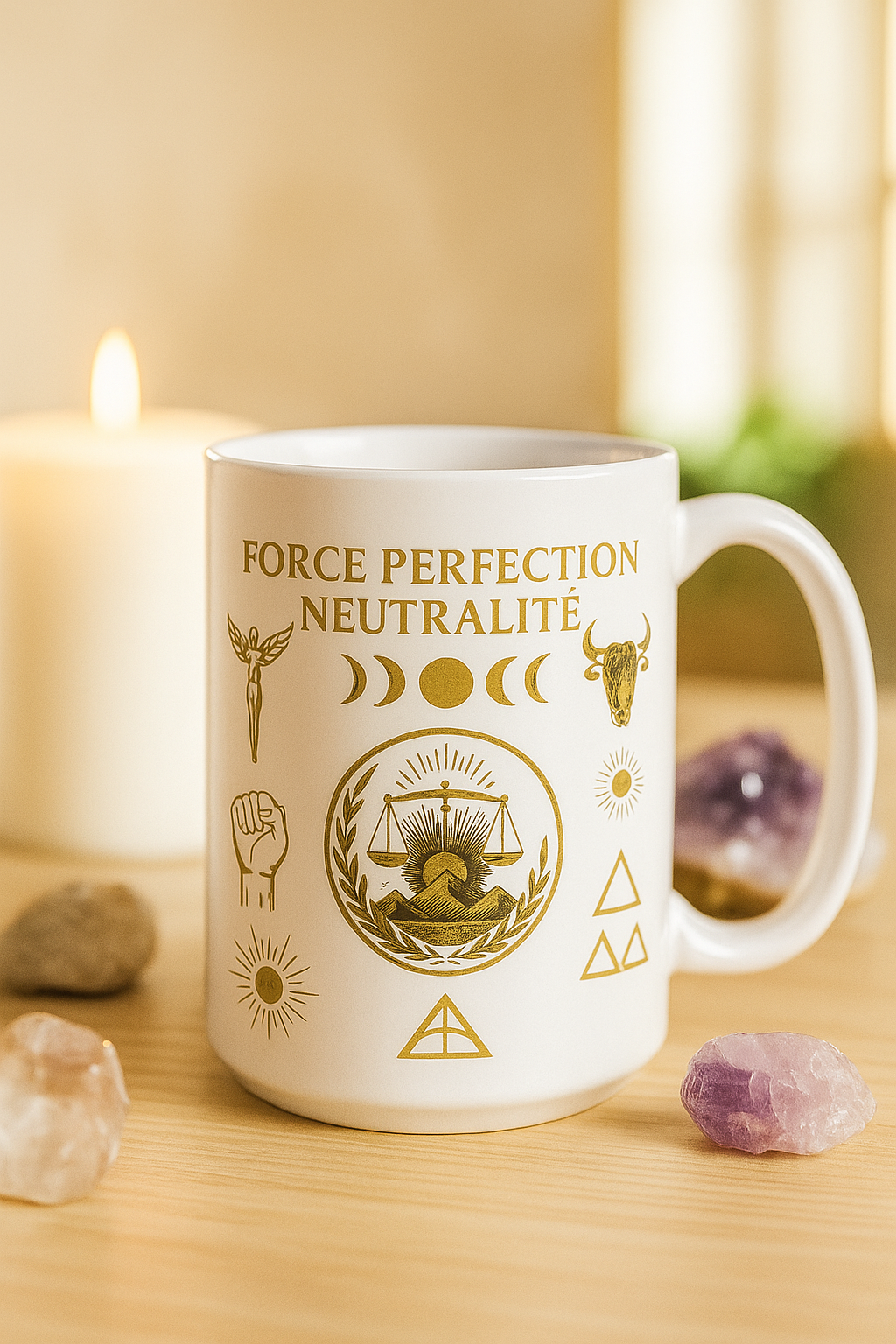 Mug spirituel blanc et doré Force Perfection Neutralité – symbole d’équilibre, de sagesse et de méditation, idée cadeau zen et décorative pour la maison ou le bureau.