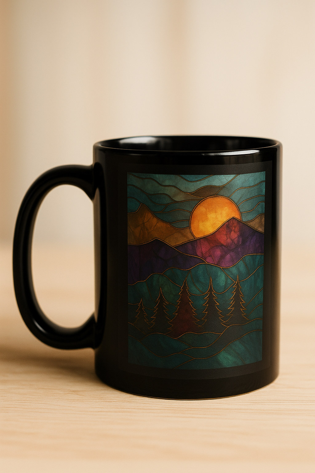 Mug noir Orakya avec illustration artistique de paysage montagneux et coucher de soleil. Tasse design en céramique premium, ambiance nature, art et sérénité. Idéal pour les amateurs de café, thé et décoration zen.